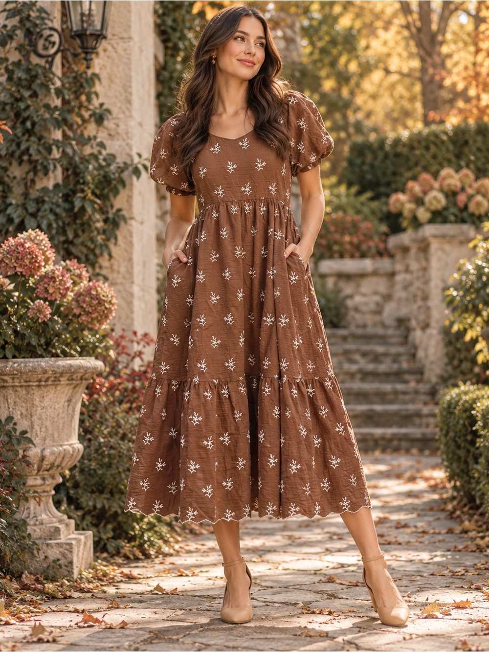 NWOT Sage Creek PinkBlush Brown Embroidered Maternity Midi Dress